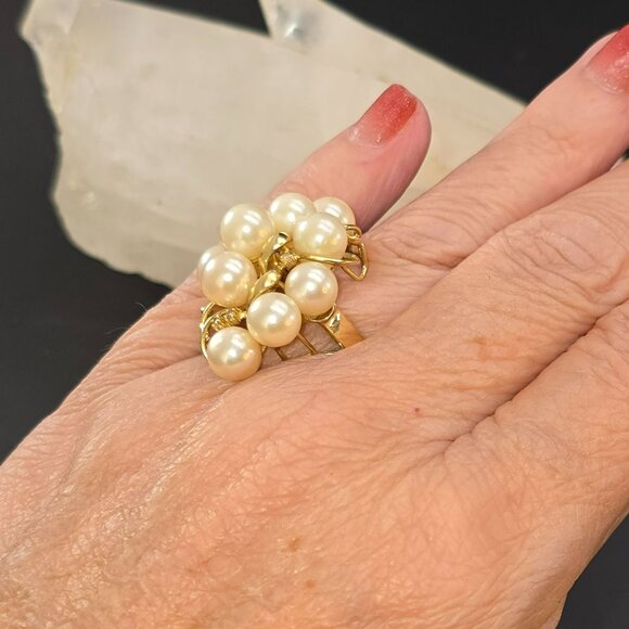 Vintage 14K Gold Cocktail Ring With Cultured Pearls & Diamonds Size 6.75 HS81 - Picture 13 of 16